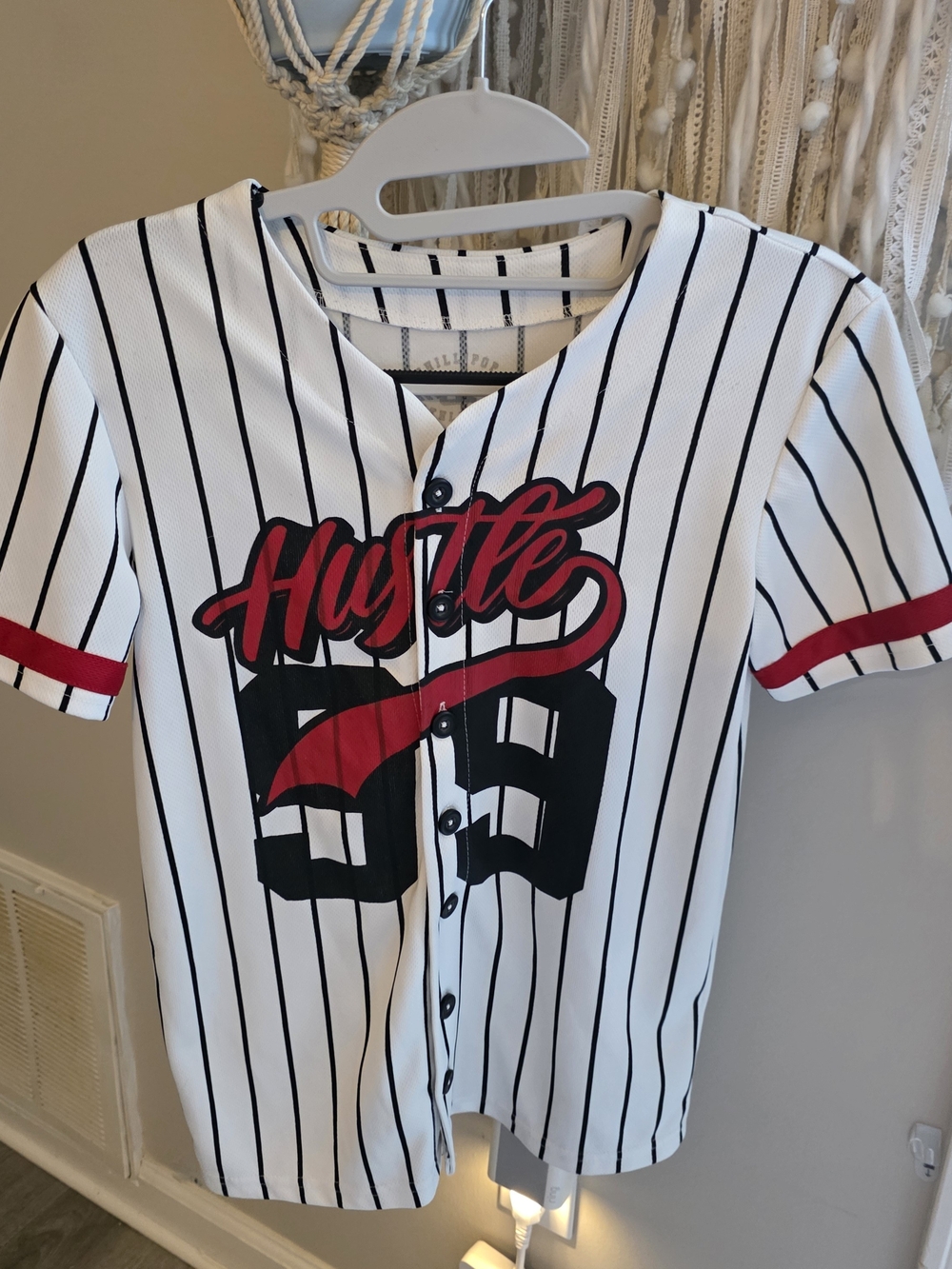 Hustle 99 Kids' Pinstripe Baseball Tee - White with Red & Black